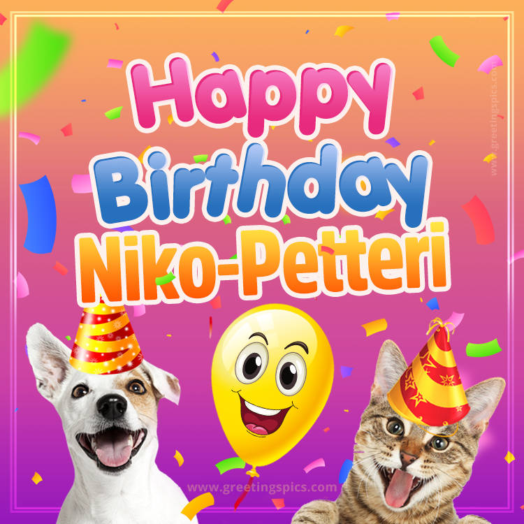 Happy Birthday Niko-Petteri Funny Image with cat and dog (square shape image)