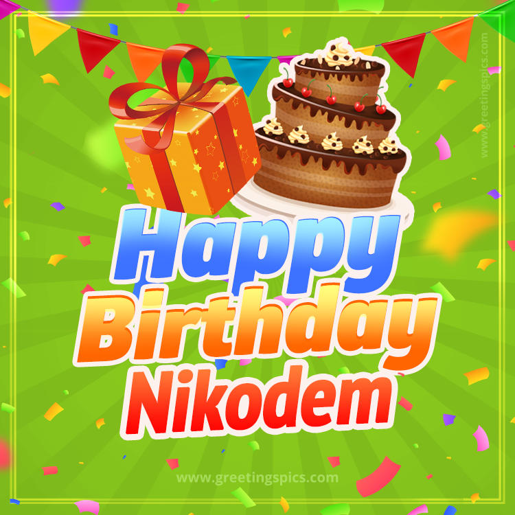 Happy Birthday Nikodem picture with flags, chocolate cake and gift box (square shape image)