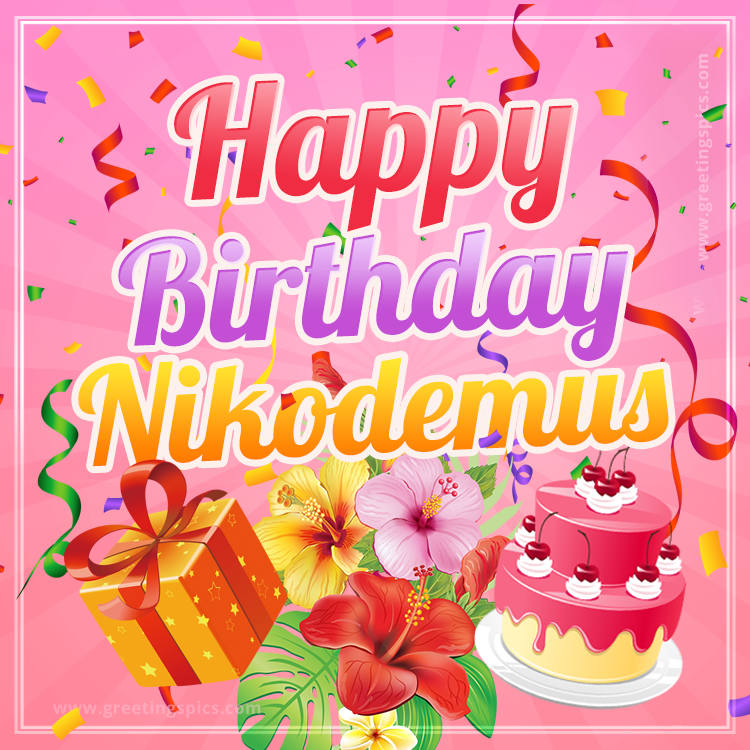 Beautiful Birthday Card for Nikodemus with pink background (square shape image)