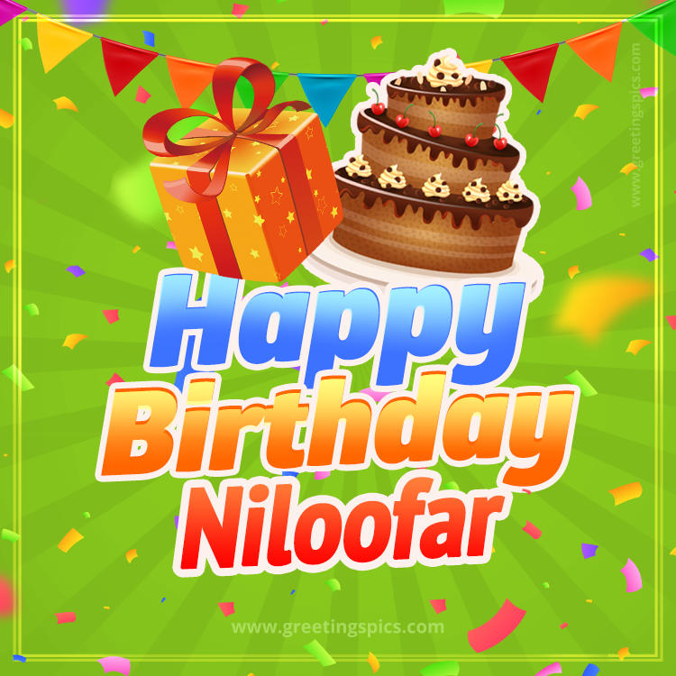 Happy Birthday Niloofar picture with flags, chocolate cake and gift box (square shape image)