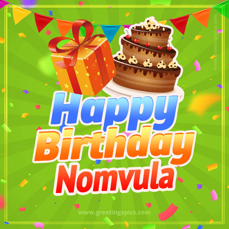 Happy Birthday Nomvula picture with flags, chocolate cake and gift box (square shape image)