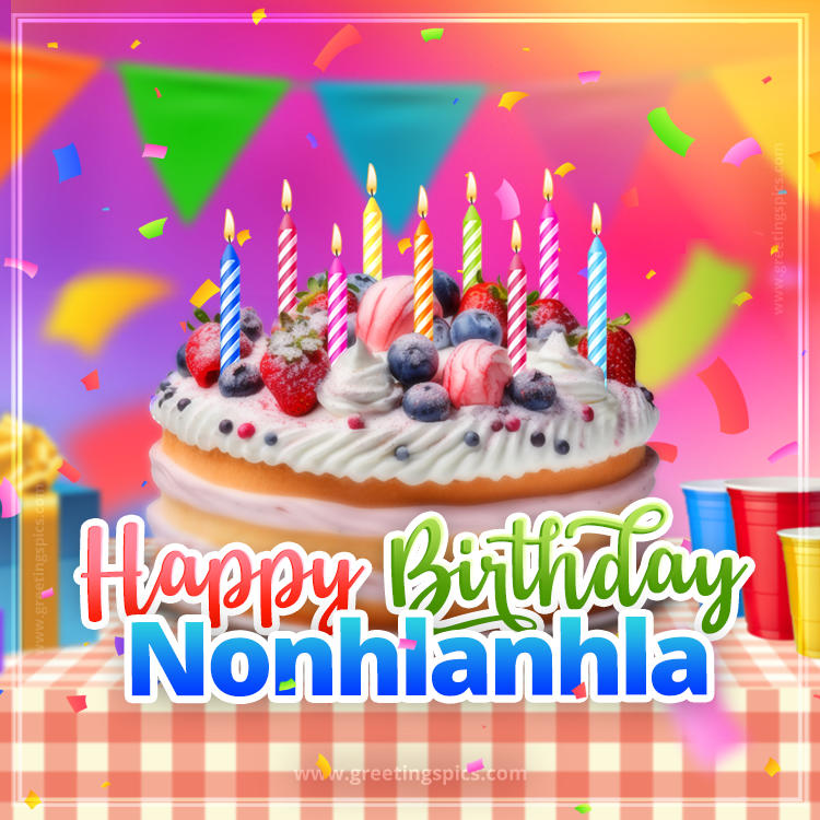 Happy Birthday Nonhlanhla Colorful Image with fruit cake and candles (square shape image)