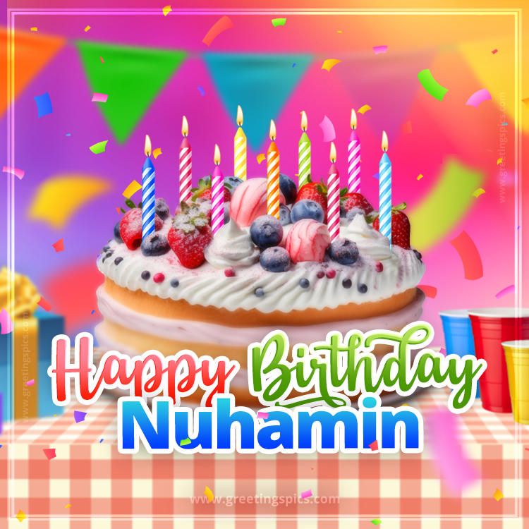 Happy Birthday Nuhamin Colorful Image with fruit cake and candles (square shape image)