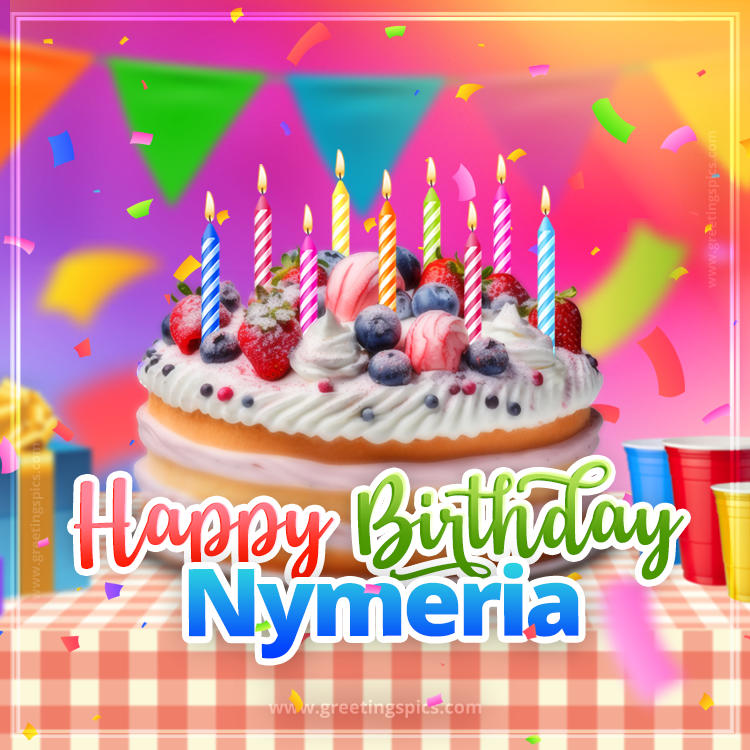 Happy Birthday Nymeria Colorful Image with fruit cake and candles (square shape image)