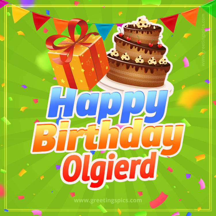 Happy Birthday Olgierd picture with flags, chocolate cake and gift box (square shape image)