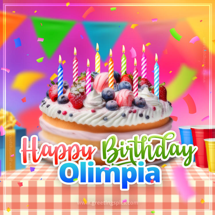 Happy Birthday Olimpia Colorful Image with fruit cake and candles (square shape image)