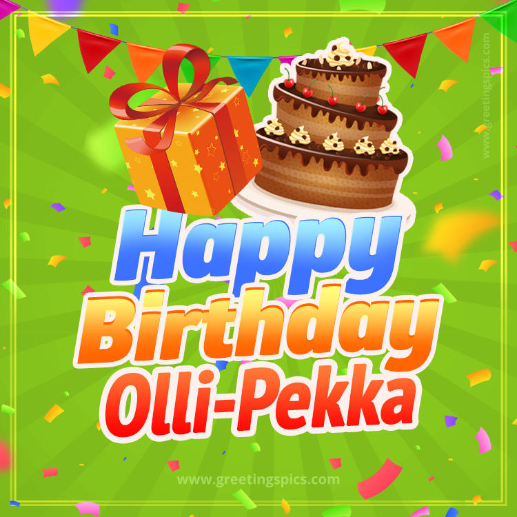 Happy Birthday Olli-Pekka picture with flags, chocolate cake and gift box (square shape image)