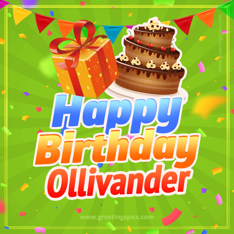 Happy Birthday Ollivander picture with flags, chocolate cake and gift box (square shape image)