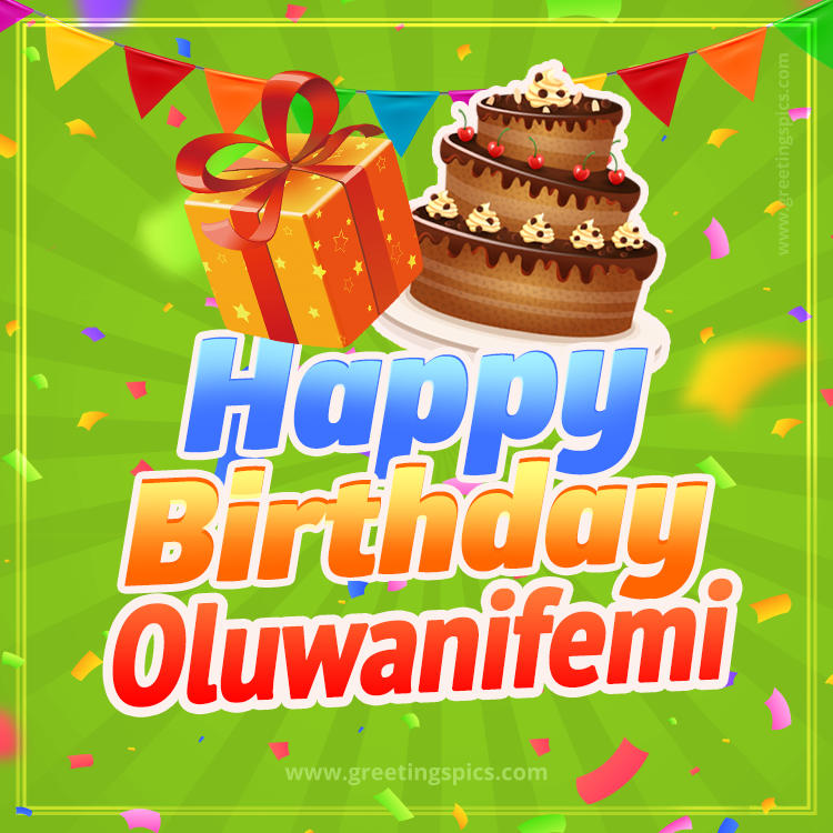 Happy Birthday Oluwanifemi picture with flags, chocolate cake and gift box (square shape image)