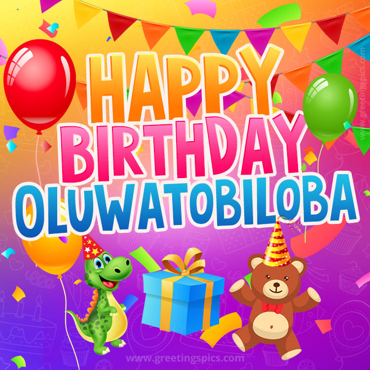 Happy Birthday Oluwatobiloba Image for a child with cute baby dinosaur and bear (square shape image)