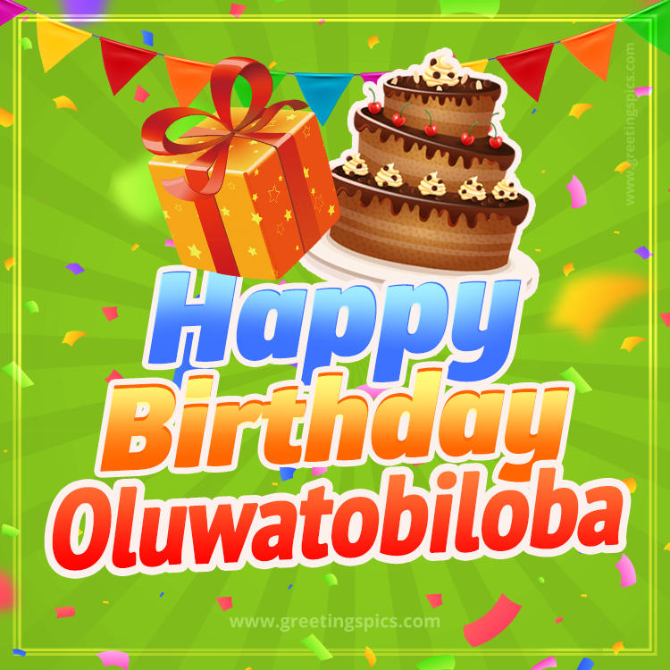 Happy Birthday Oluwatobiloba picture with flags, chocolate cake and gift box (square shape image)