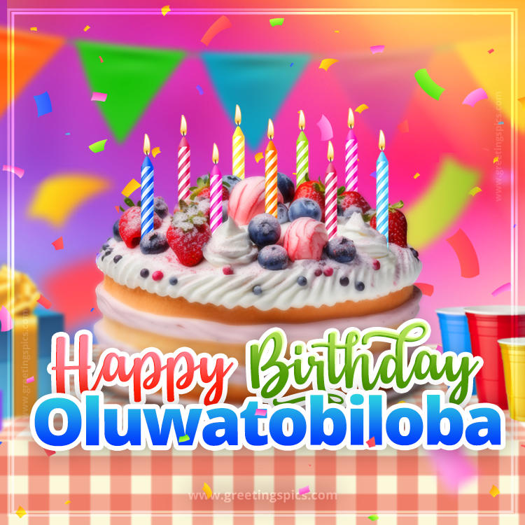 Happy Birthday Oluwatobiloba Colorful Image with fruit cake and candles (square shape image)