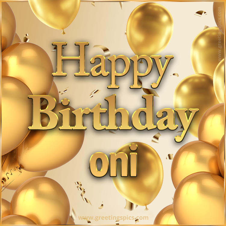 Happy Birthday Oni Card with golden confetti and balloons (square shape image)