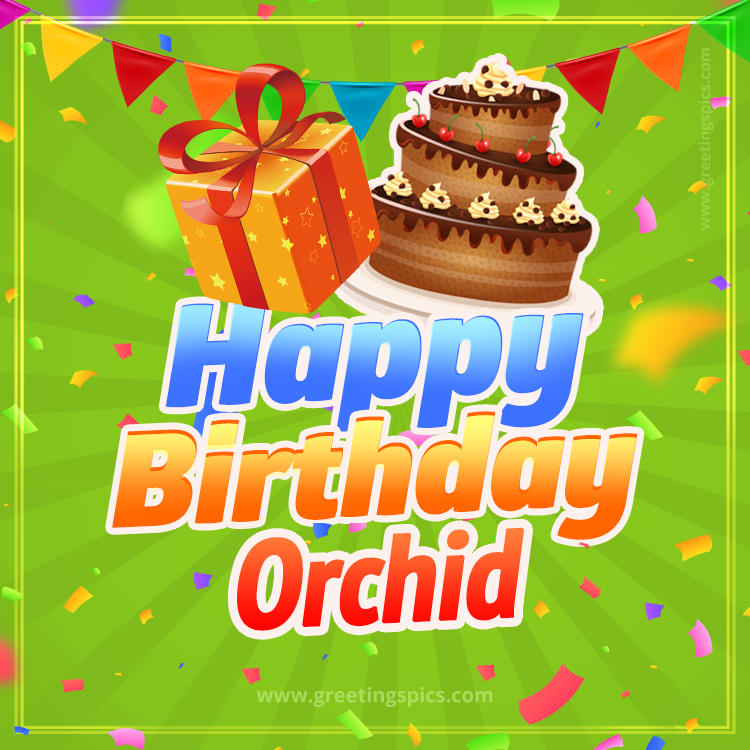 Happy Birthday Orchid picture with flags, chocolate cake and gift box (square shape image)