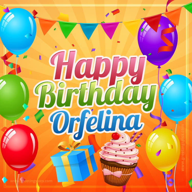 Happy Birthday Orfelina eCard with gift box and cupcake (square shape image)