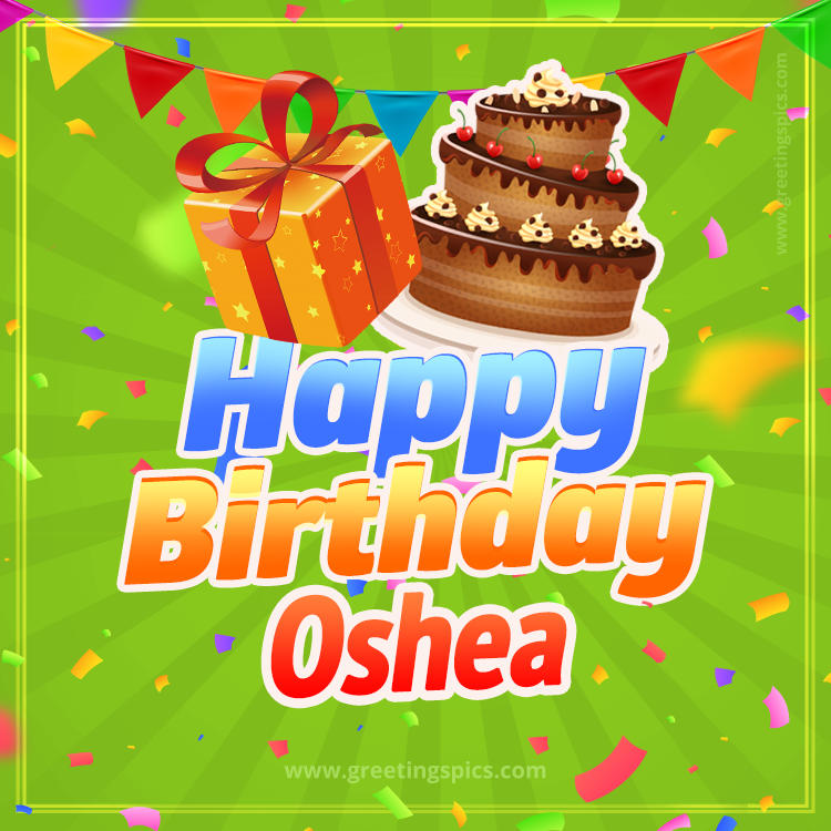 Happy Birthday Oshea picture with flags, chocolate cake and gift box (square shape image)