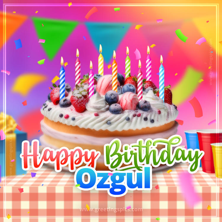 Happy Birthday Ozgul Colorful Image with fruit cake and candles (square shape image)