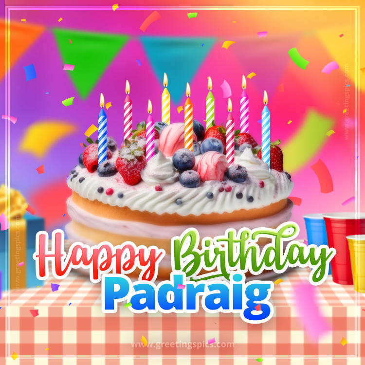 Happy Birthday Padraig Colorful Image with fruit cake and candles (square shape image)