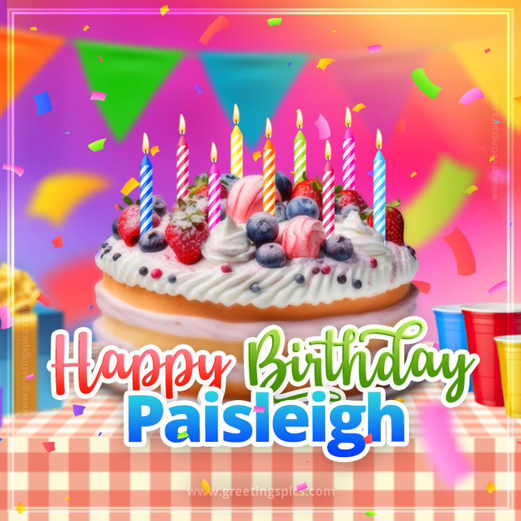 Happy Birthday Paisleigh Colorful Image with fruit cake and candles (square shape image)