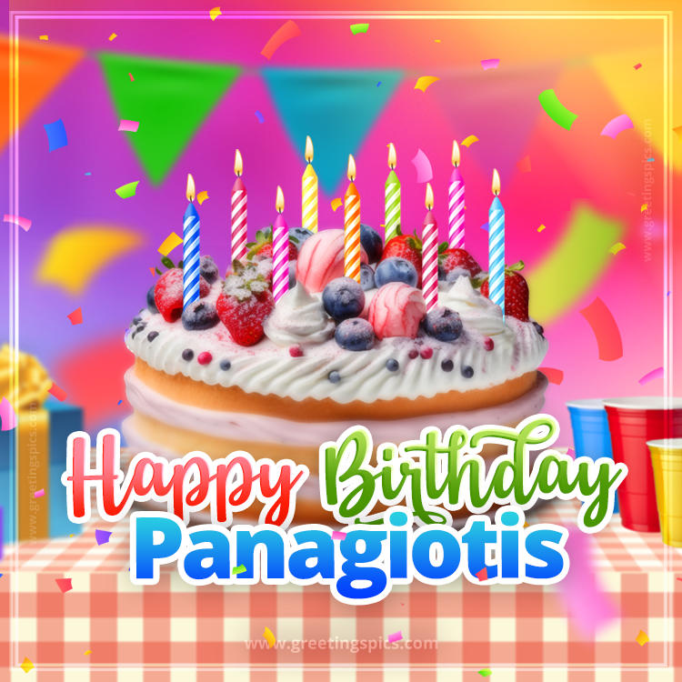 Happy Birthday Panagiotis Colorful Image with fruit cake and candles (square shape image)