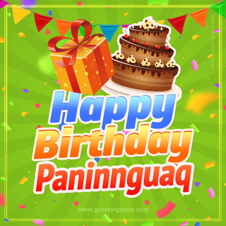 Happy Birthday Paninnguaq picture with flags, chocolate cake and gift box (square shape image)