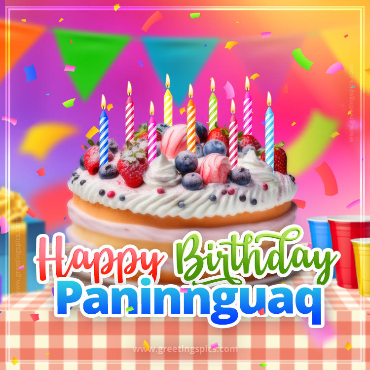 Happy Birthday Paninnguaq Colorful Image with fruit cake and candles (square shape image)