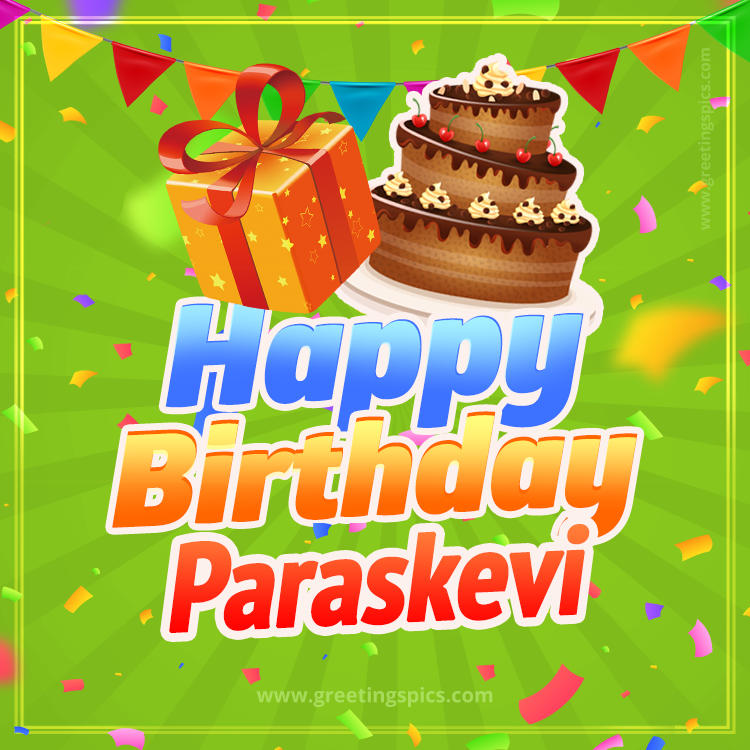 Happy Birthday Paraskevi picture with flags, chocolate cake and gift box (square shape image)