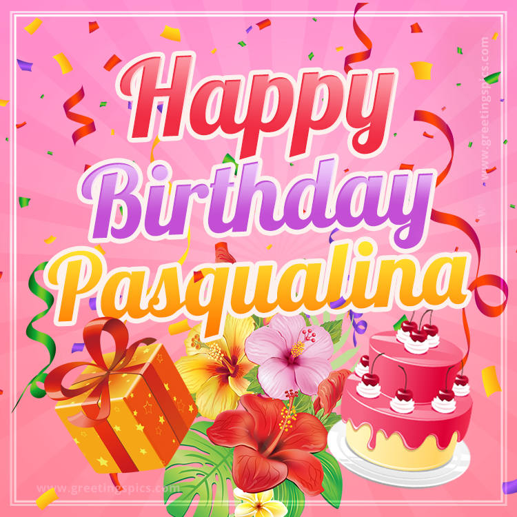 Beautiful Birthday Card for Pasqualina with Cake and bouquet of flowers (square shape image)