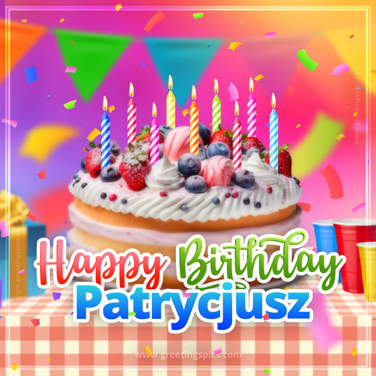 Happy Birthday Patrycjusz Colorful Image with fruit cake and candles (square shape image)