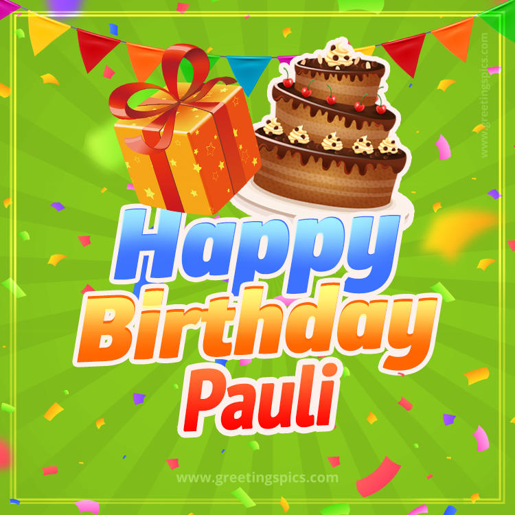 Happy Birthday Pauli picture with flags, chocolate cake and gift box (square shape image)