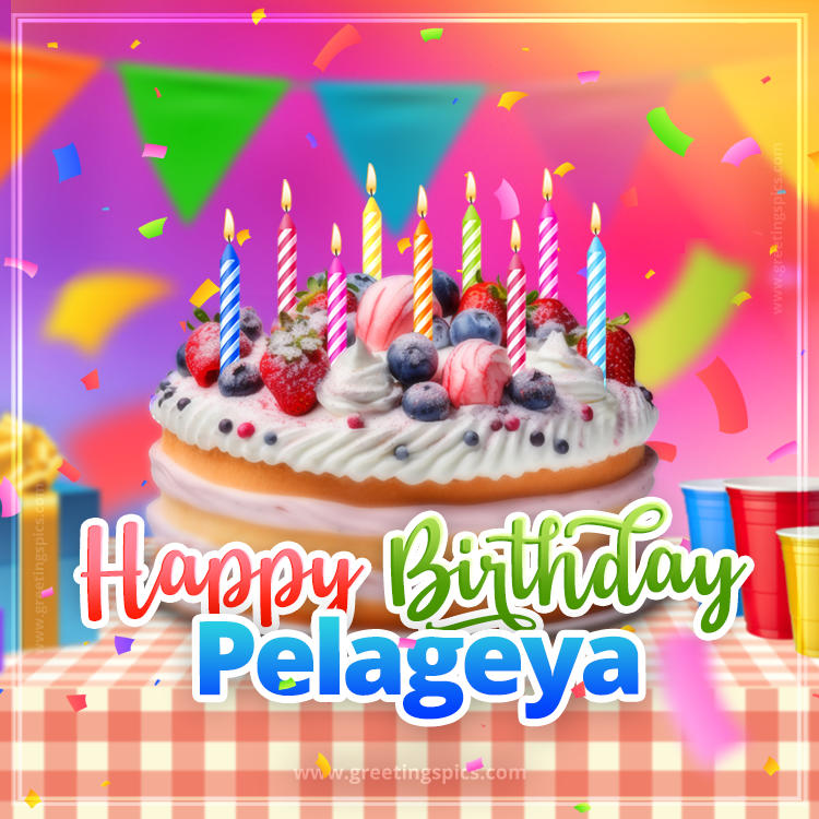 Happy Birthday Pelageya Colorful Image with fruit cake and candles (square shape image)