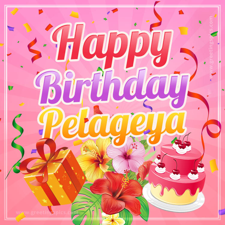 Beautiful Birthday Card for Pelageya with Cake and bouquet of flowers (square shape image)