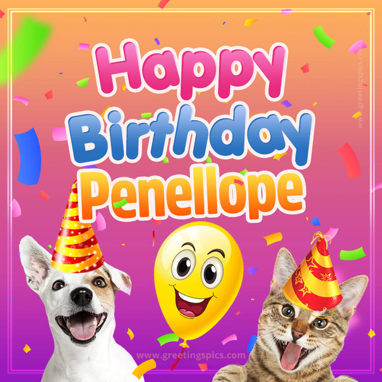 Happy Birthday Penellope Funny Image with cat and dog (square shape image)