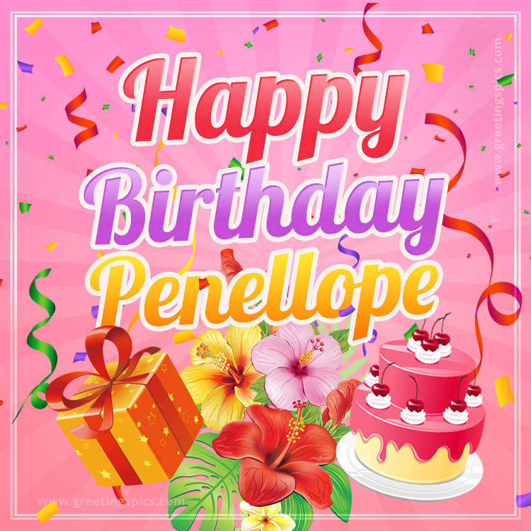 Beautiful Birthday Card for Penellope with Cake and bouquet of flowers (square shape image)