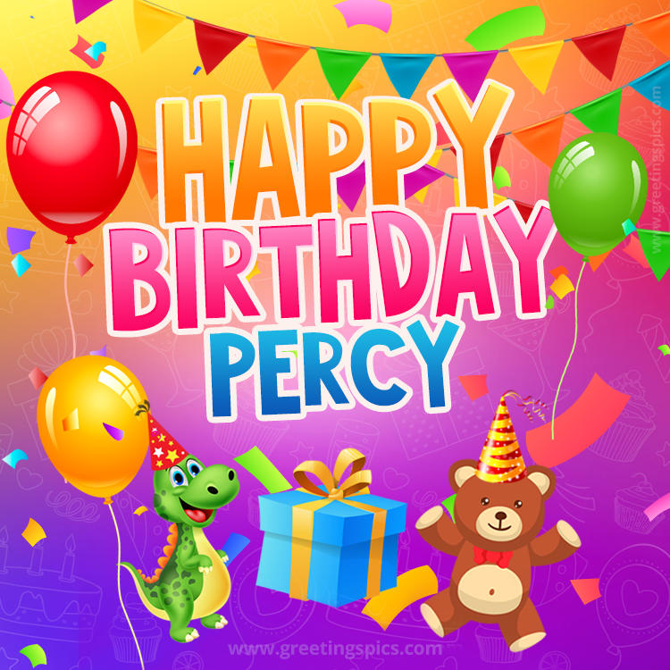 Happy Birthday Percy Image for a child with cute baby dinosaur and bear (square shape image)
