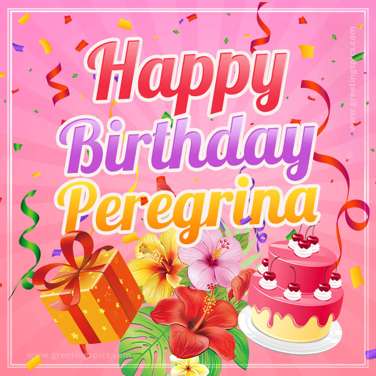 Beautiful Birthday Card for Peregrina with Cake and bouquet of flowers (square shape image)
