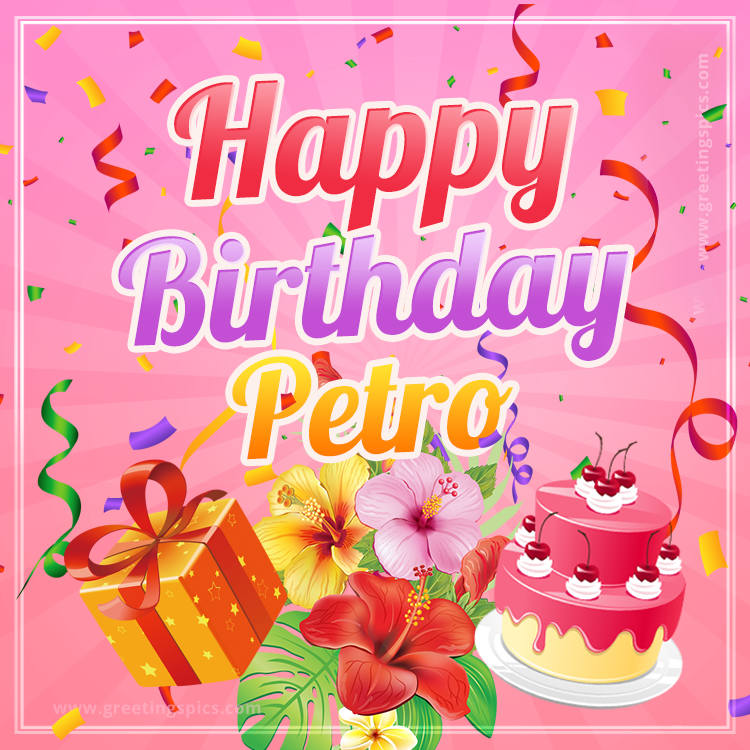 Beautiful Birthday Card for Petro with pink background (square shape image)