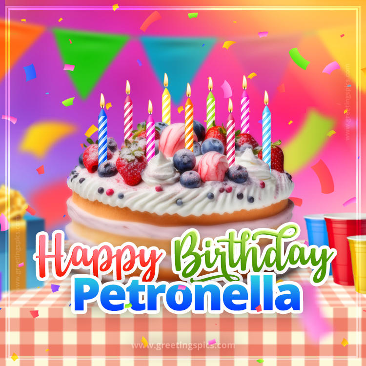 Happy Birthday Petronella Colorful Image with fruit cake and candles (square shape image)