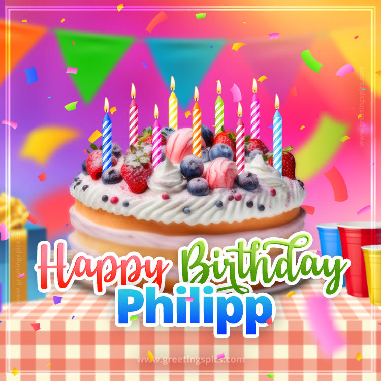 Happy Birthday Philipp Colorful Image with fruit cake and candles (square shape image)