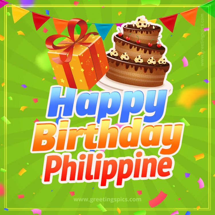 Happy Birthday Philippine picture with flags, chocolate cake and gift box (square shape image)