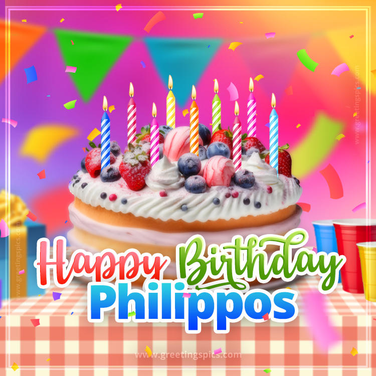 Happy Birthday Philippos Colorful Image with fruit cake and candles (square shape image)