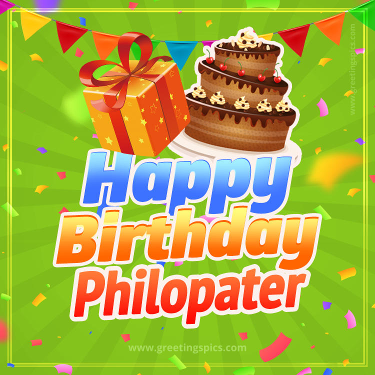 Happy Birthday Philopater picture with flags, chocolate cake and gift box (square shape image)