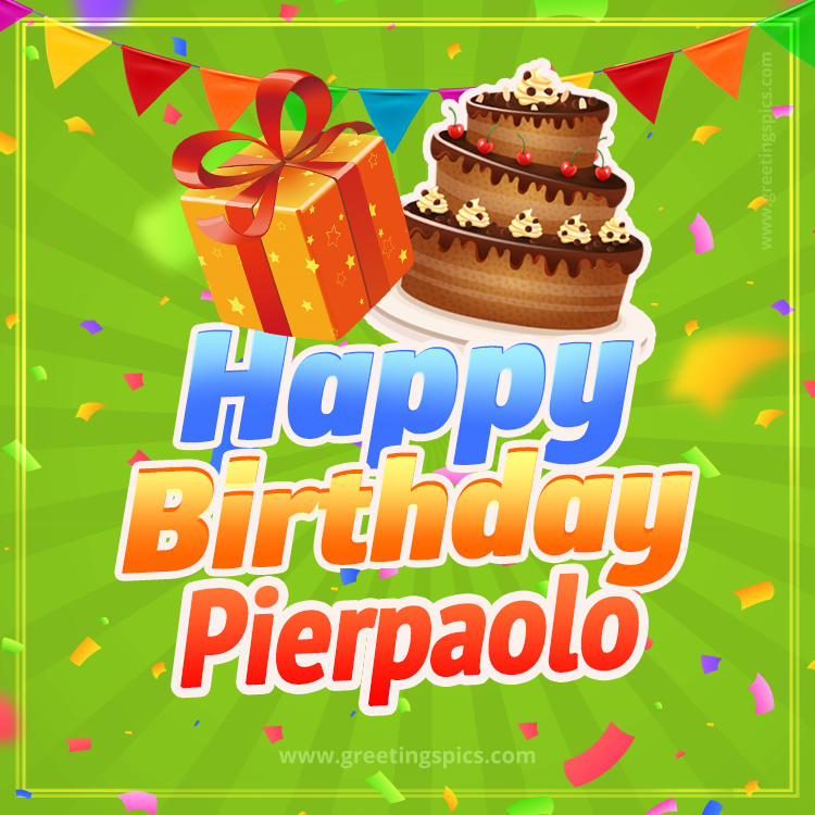 Happy Birthday Pierpaolo picture with flags, chocolate cake and gift box (square shape image)