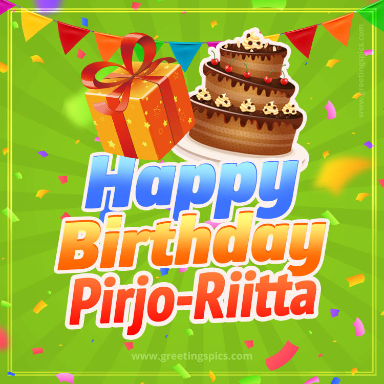 Happy Birthday Pirjo-Riitta picture with flags, chocolate cake and gift box (square shape image)