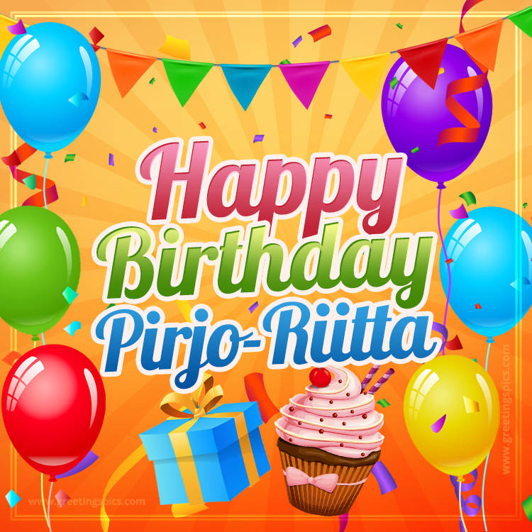 Happy Birthday Pirjo-Riitta eCard with gift box and cupcake (square shape image)