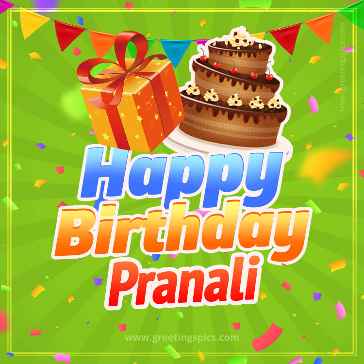 Happy Birthday Pranali picture with flags, chocolate cake and gift box (square shape image)