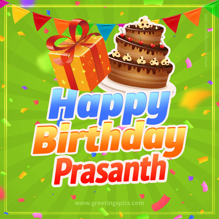 Happy Birthday Prasanth picture with flags, chocolate cake and gift box (square shape image)