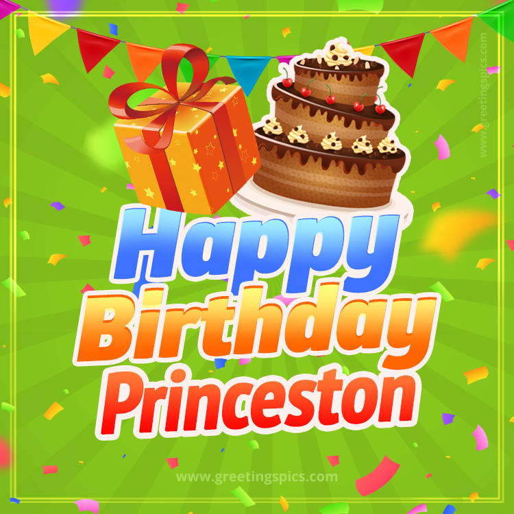 Happy Birthday Princeston picture with flags, chocolate cake and gift box (square shape image)