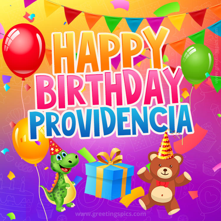 Happy Birthday Providencia Image for a child with cute dinosaur and bear (square shape image)