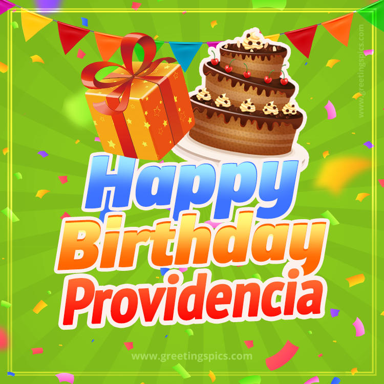 Happy Birthday Providencia picture with flags, chocolate cake and gift box (square shape image)